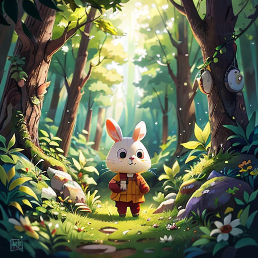 a rabbit in a forest with a backpack on it's back and a forest scene in the background