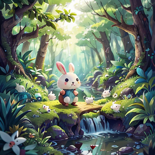 a rabbit sitting on a rock in a forest with a stream and trees in the background, with a forest scene in the foreground