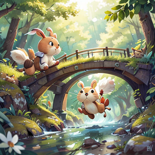 a rabbit and a bunny crossing a bridge in the woods with a rabbit on it's back and a rabbit on the other side