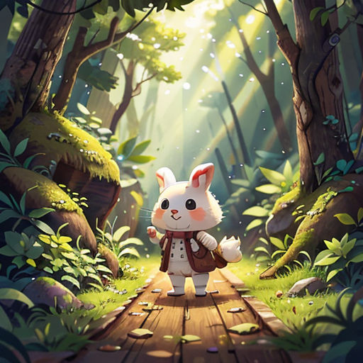a rabbit is standing on a wooden path in the woods with a light shining through the trees and leaves