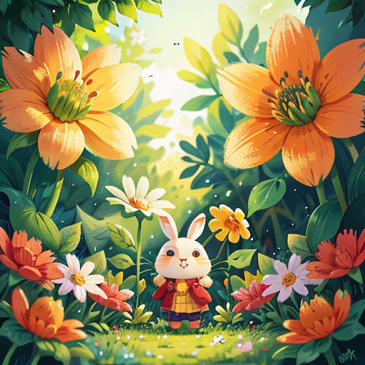 a rabbit standing in a field of flowers with a rabbit in the middle of it's field, surrounded by flowers