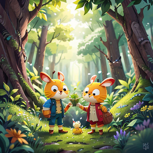 a couple of animals standing in a forest next to each other on a forest floor with trees and flowers