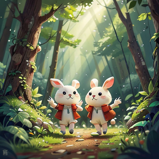 two rabbits walking through a forest with trees and grass on either side of them, with sunlight streaming through the trees