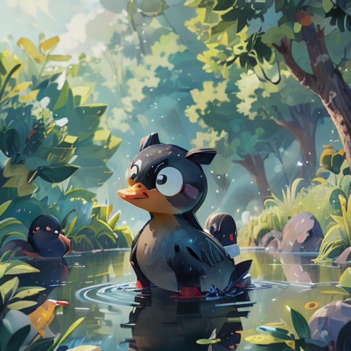 a cartoon duck sitting in a pond of water surrounded by trees and foliages, with a bird on its back