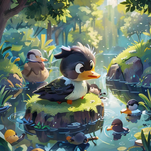 a painting of ducks in a pond surrounded by ducks and ducks in the water, with trees and grass