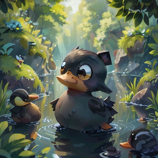 a duck and a duckling are in the water together, surrounded by plants and trees, and surrounded by water lilies