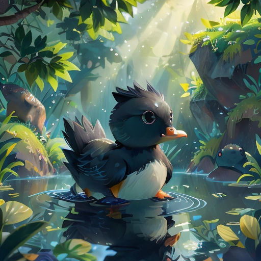 a bird sitting on top of a body of water in a forest filled with trees and plants, with sunlight streaming through the leaves