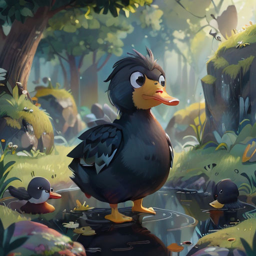 a duck with a black head and a yellow beak standing on a rock in a forest with ducks floating around