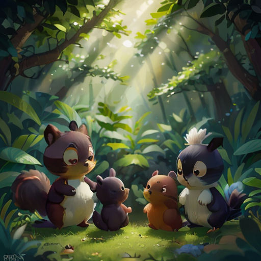 a group of animals sitting in the middle of a forest with sunlight streaming through the trees and leaves on the ground