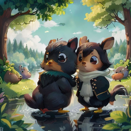 two cartoon animals standing next to each other in a forest with a pond and trees in the background, one of them is looking at the other