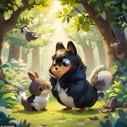 a cartoon animal with a bunny in the forest with other animals around it, and a forest background with trees and leaves