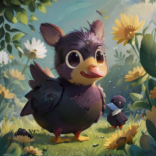 a bird with a big nose standing in a field of flowers with a bird on it's back