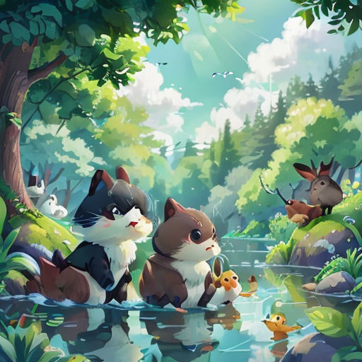 a group of cats sitting on top of a river next to a forest filled with animals and birds in the water