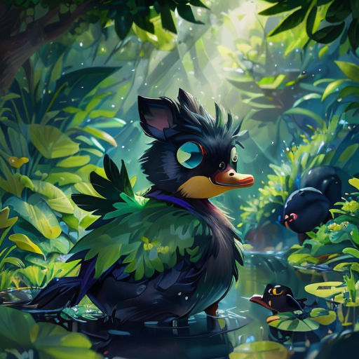 a bird sitting on top of a pond of water surrounded by plants and leaves and a frog in the background