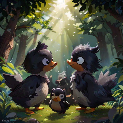 two birds are standing in the middle of a forest with a baby bird in front of them and a light shining through the trees