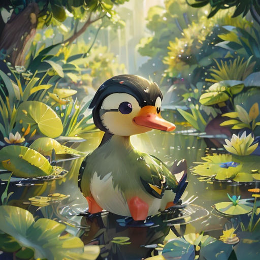 a duck sitting on top of a pond of water surrounded by lily pads and trees with leaves on the ground