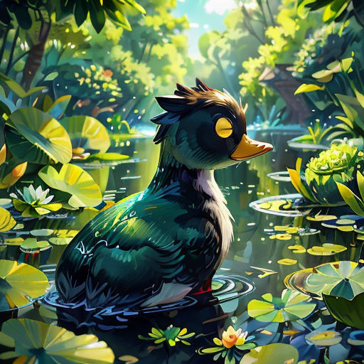 a painting of a duck in a pond of water lilies with lily pads around it and a sunlit background