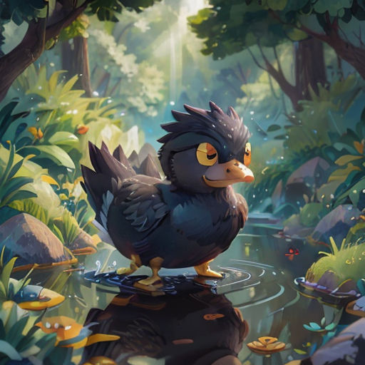 a bird standing on a rock in a pond of water surrounded by trees and plants with a bright yellow eye