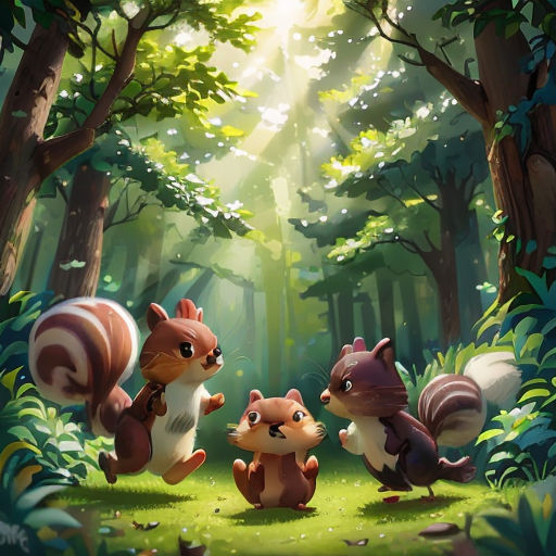 a group of animals standing in the middle of a forest with sunlight shining through the trees and leaves on the ground
