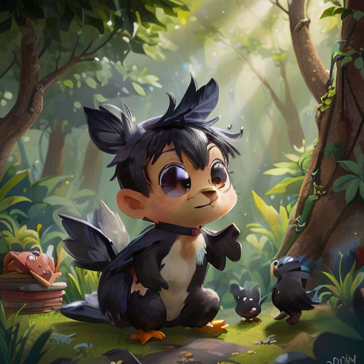 a cartoon character sitting in the middle of a forest with a bird and a bird on it's back