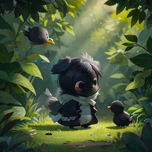 a little girl sitting in the grass with a duck in front of her and a bird flying above her