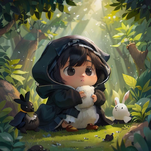 a little girl holding a stuffed animal in a forest with rabbits around her and a light shining through the trees