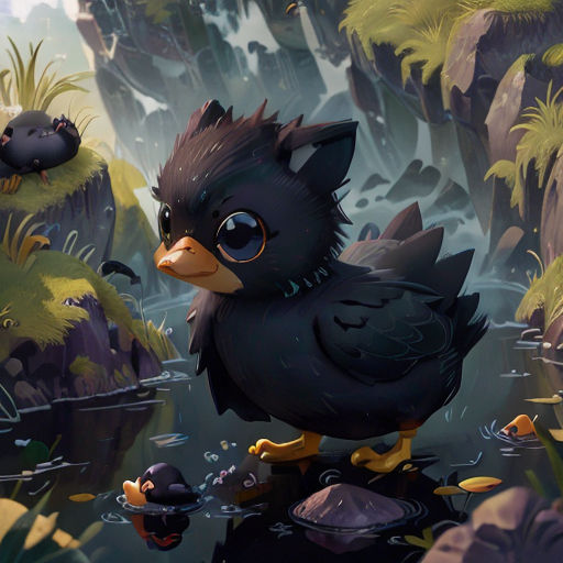 a black bird with a yellow beak standing on a rock in a pond of water with ducks floating around