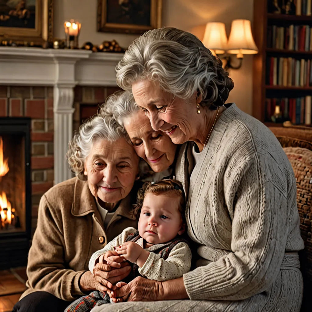 a woman and two children sitting on a couch in front of a fireplace with a fire place in the background, arts and crafts movement, a stock photo, Annie Leibovitz, promotional image