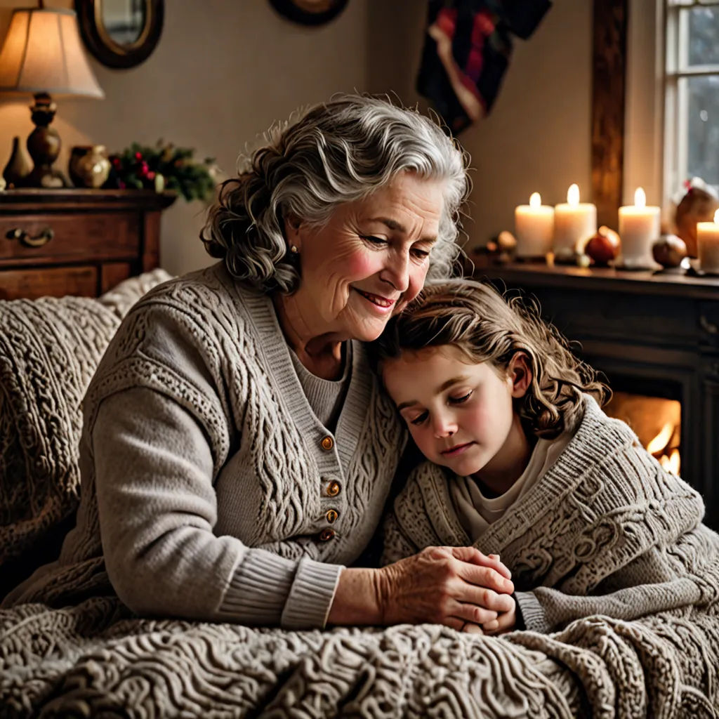 a woman and a child laying on a couch in front of a fireplace with candles on the mantles, art photography, a stock photo, Constance Copeman, portrait photography