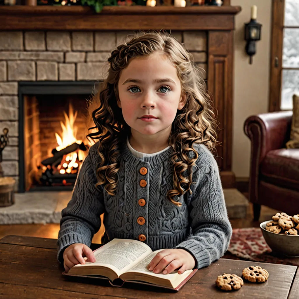 a little girl sitting at a table with a book and cookies in front of her and a fireplace in the background, arts and crafts movement, a storybook illustration, Evaline Ness, storybook illustration