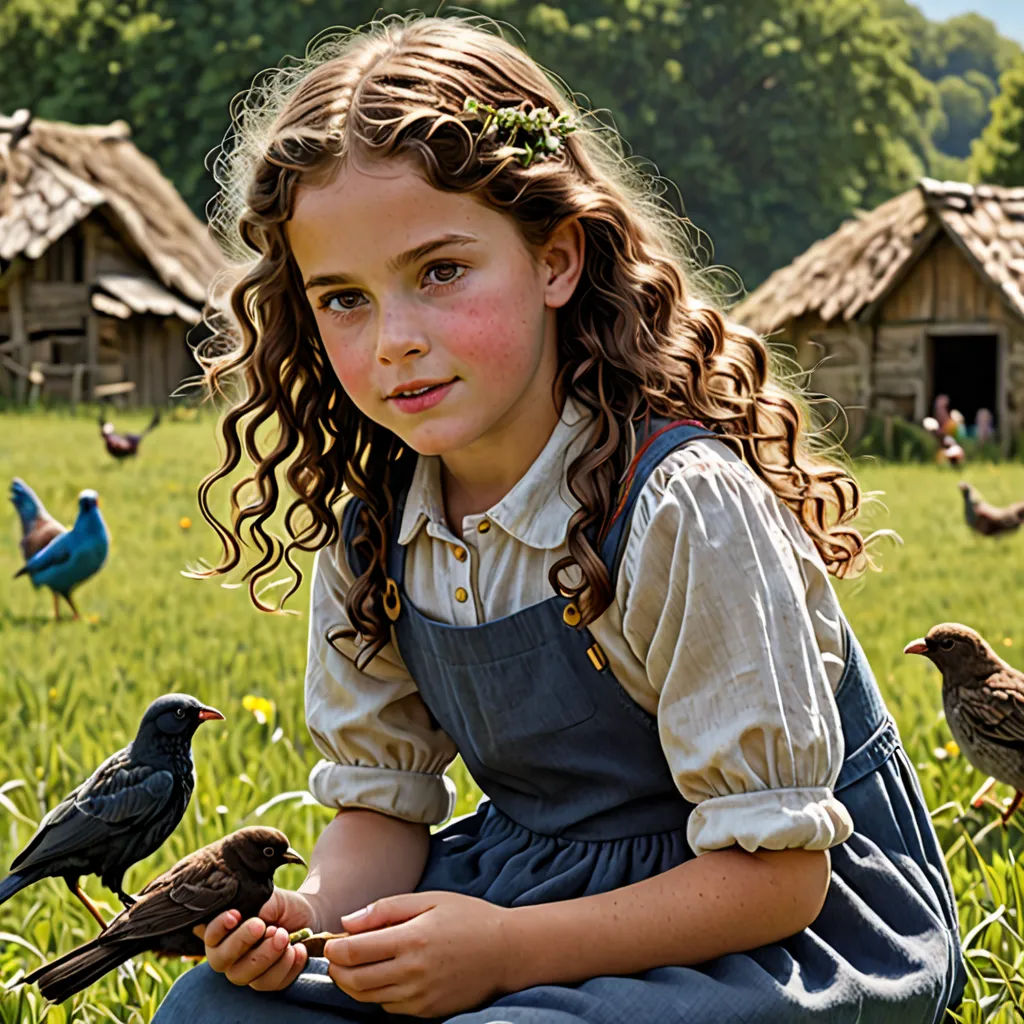 a girl sitting in a field with birds around her and a bunch of chickens in the background, and a row of thatched huts in the background, arts and crafts movement, a detailed matte painting, Anne Said, promotional image