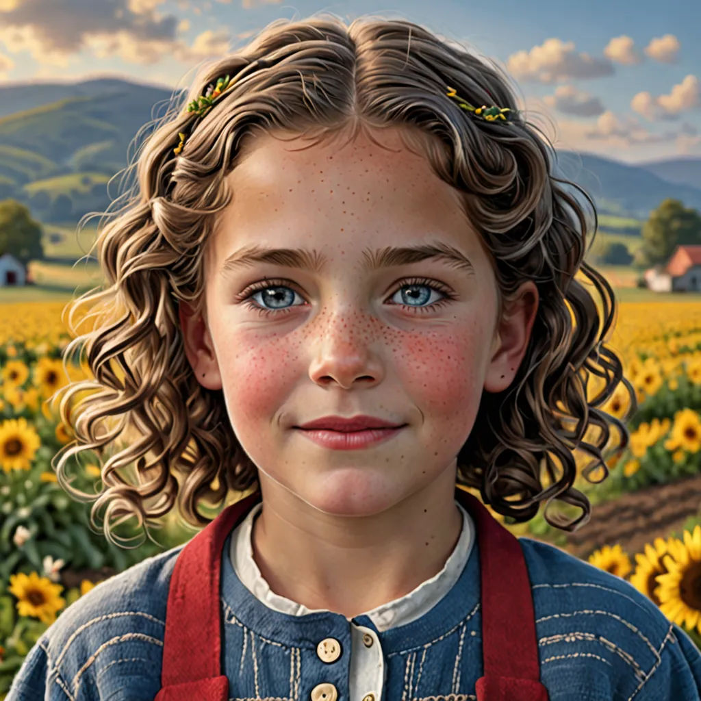 a painting of a young girl in a sunflower field with a blue sky and clouds in the background, photorealism, a photorealistic painting, Bob Byerley, highly detailed digital painting