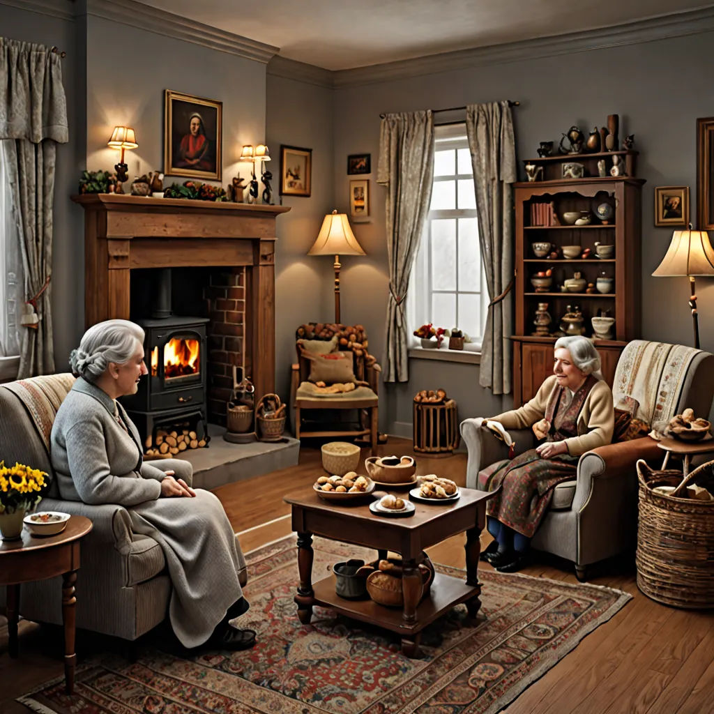 two elderly women sitting in a living room with a fireplace and a coffee table with a basket of flowers, american scene painting, a photorealistic painting, Evgeny Lushpin, unreal engine render