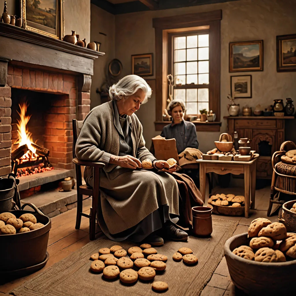 a woman sitting in a chair next to a fire place filled with cookies and cookies on the floor and a man standing in the background, arts and crafts movement, a detailed matte painting, Annie Leibovitz, award - winning photography