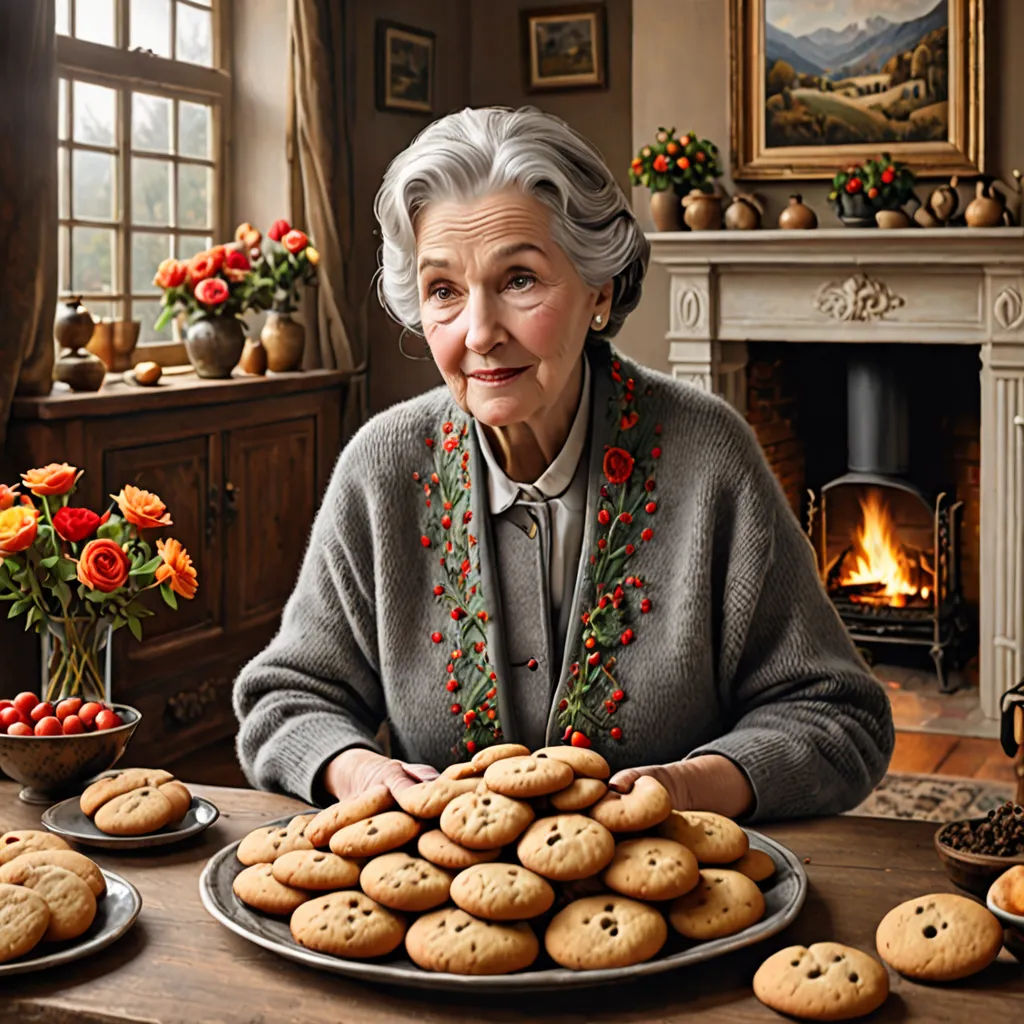 a woman sitting at a table with a plate of cookies and flowers in front of her and a fireplace, photorealism, a photorealistic painting, Bob Byerley, highly detailed digital painting