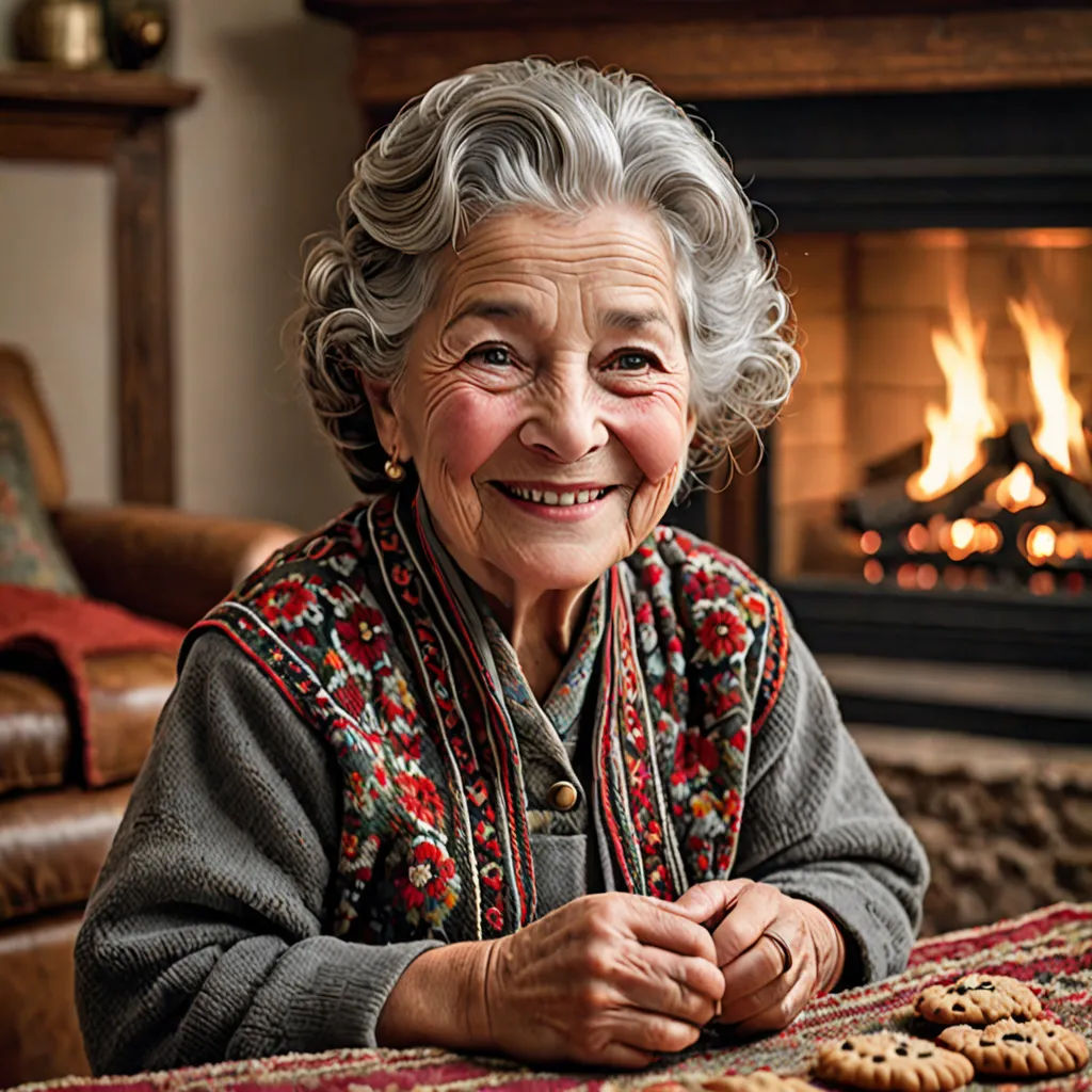 a woman sitting at a table with a plate of cookies in front of a fireplace with a lit fireplace, arts and crafts movement, a character portrait, Bracha L. Ettinger, promotional image