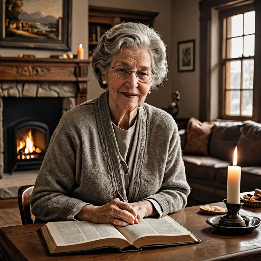 a woman sitting at a table with a book and a candle in front of her, in a living room, arts and crafts movement, a character portrait, Barbara Nasmyth, rembrandt lighting