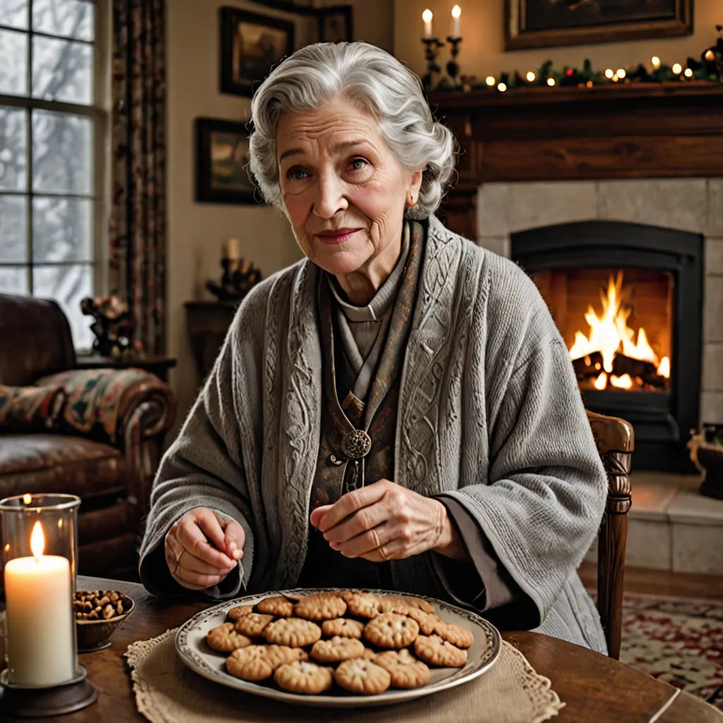 a woman sitting at a table with a plate of cookies on it and a lit candle in front of her, photorealism, a stock photo, Constance Copeman, promotional image