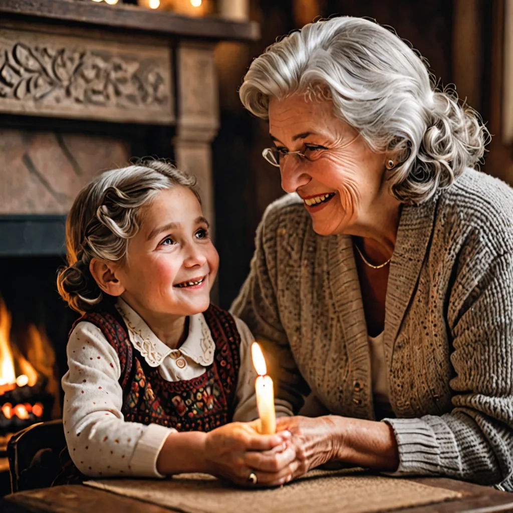 a woman and a little girl sitting at a table with a lit candle in front of them, smiling, arts and crafts movement, a storybook illustration, Celia Fiennes, candles