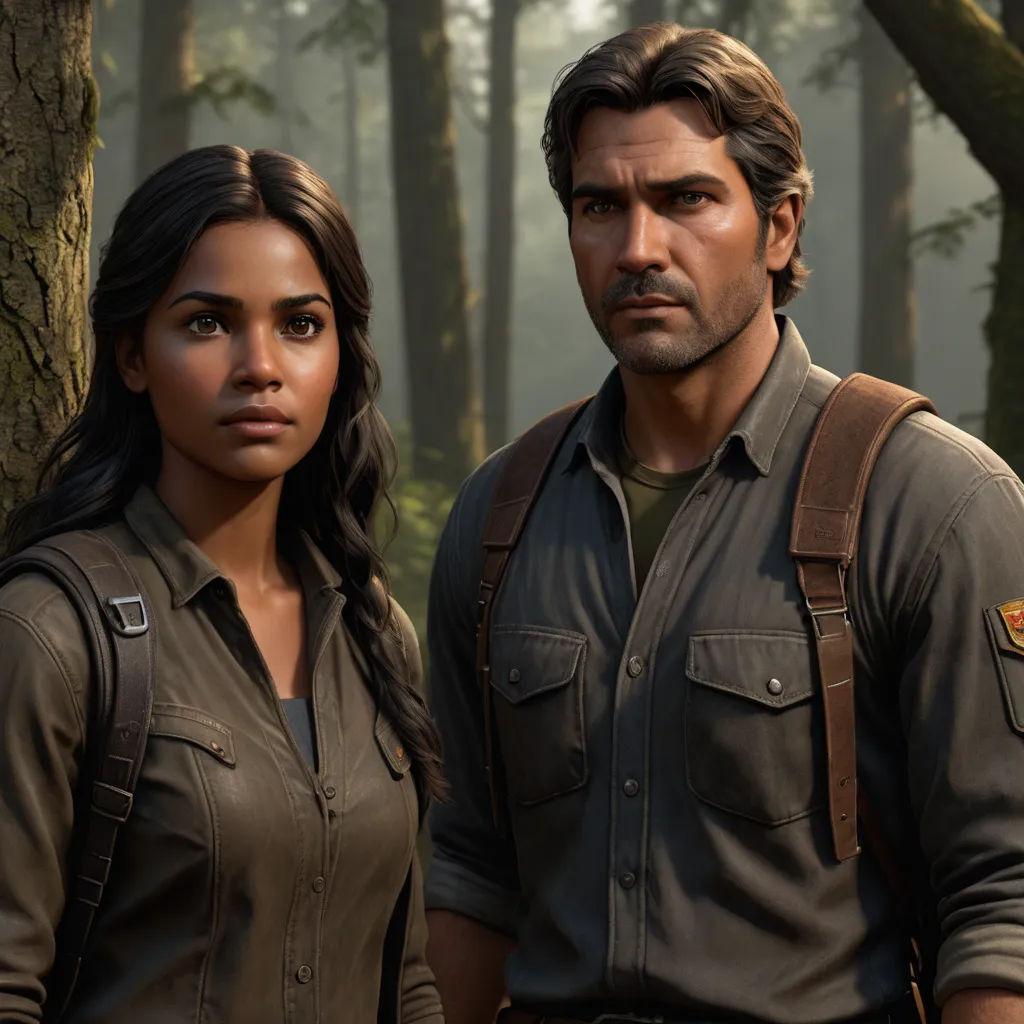a man and a woman standing in a forest with trees in the background and fog in the air behind them, photorealism, concept art, Eddie Mendoza, key art