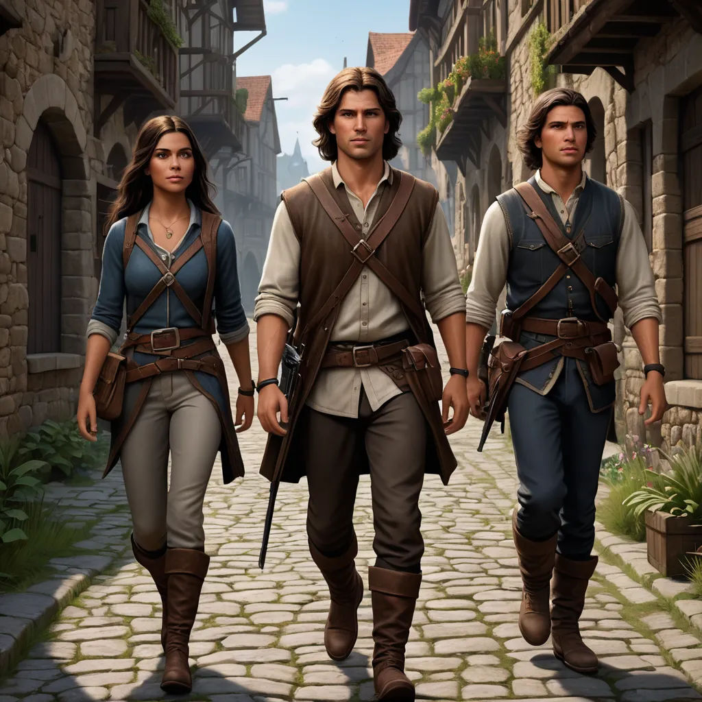 a group of people walking down a street next to each other in a village with stone buildings and cobblestone, fantasy art, concept art, Brothers Hildebrandt, unreal 5