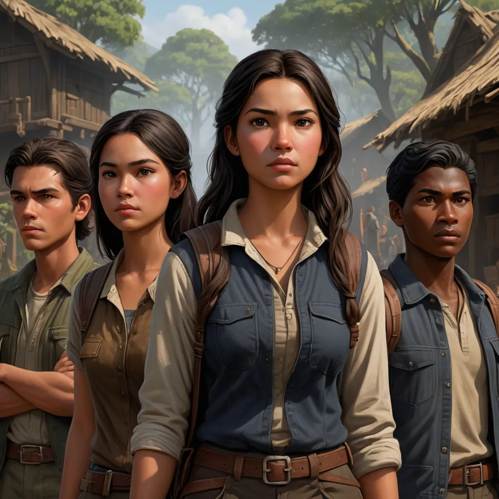 a group of people standing next to each other in front of a forest and a hut with a few people standing around, sots art, concept art, Cedric Seaut (Keos Masons), key art