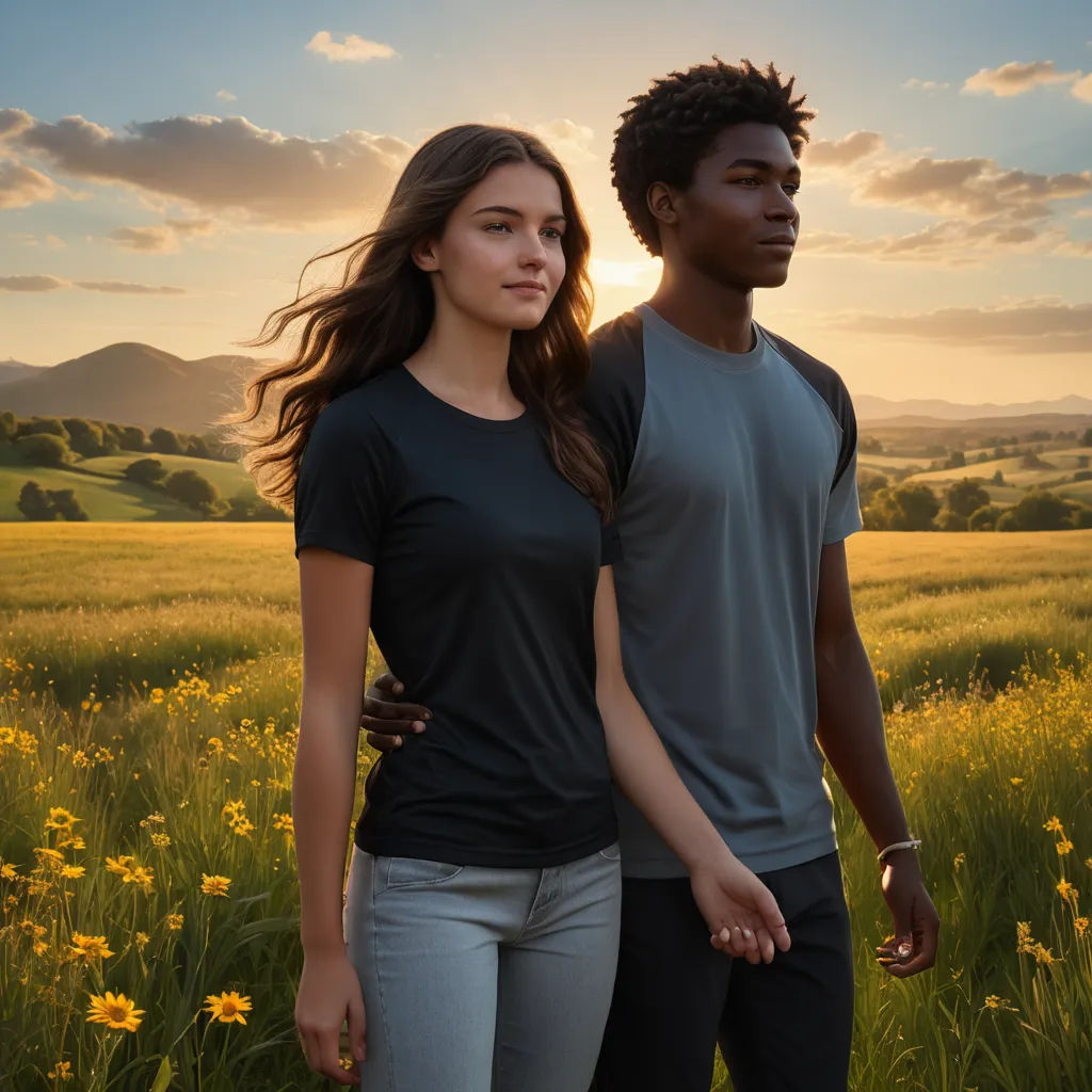 a man and a woman standing in a field of flowers at sunset with the sun behind them and a mountain in the distance, neo-romanticism, a stock photo, Christian Hilfgott Brand, product photo