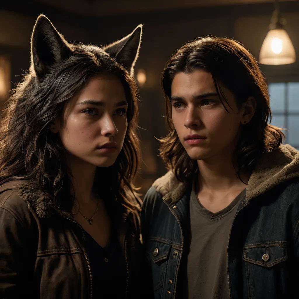 a couple of people standing next to each other in a room with lights on the ceiling and a cat on the head, furry art, concept art, Felix-Kelly, promotional image