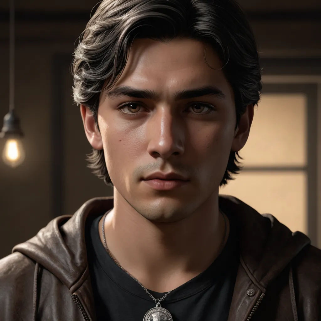 a man with a necklace on his neck in a dark room with a light bulb hanging from the ceiling, photorealism, a character portrait, Eddie Mendoza, character portrait