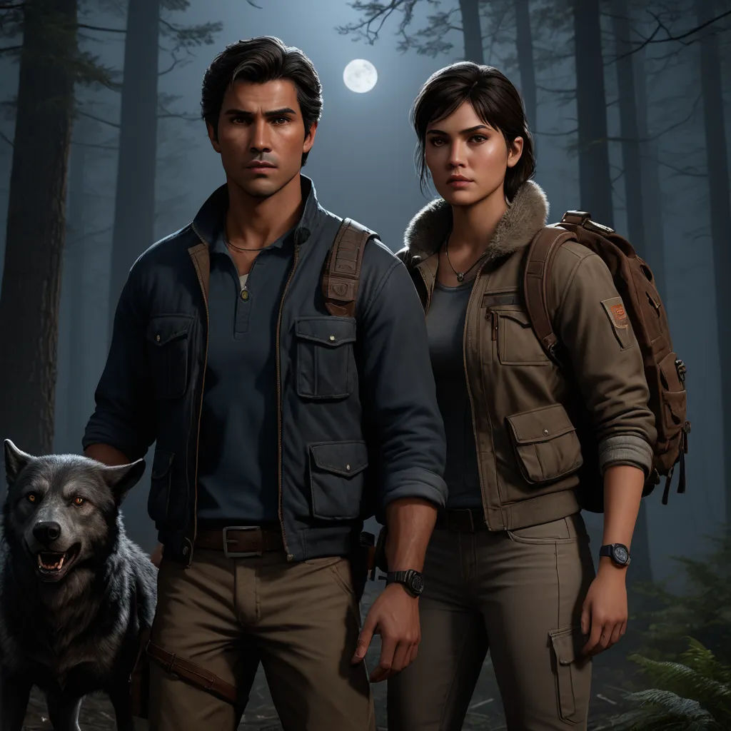 a man and a woman standing next to a dog in the woods at night with a full moon in the background, sots art, concept art, Eddie Mendoza, key art