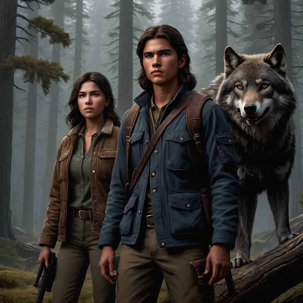 a man and a woman standing in a forest with a wolf on the back of them and a gun in hand, furry art, poster art, Eric Taylor, promotional image