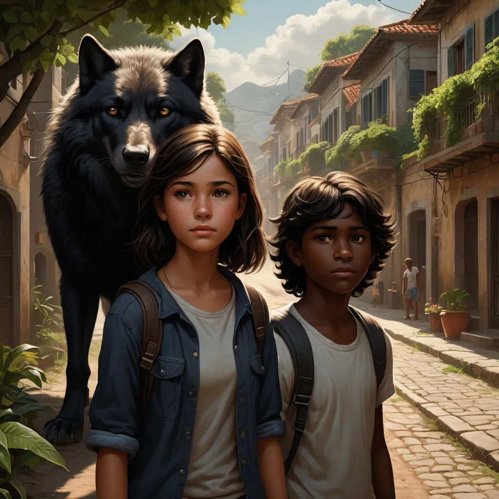 a couple of people standing next to a wolf on a street with buildings in the background and a dog on the back of the head, magical realism, a detailed painting, Aaron Jasinski, key art