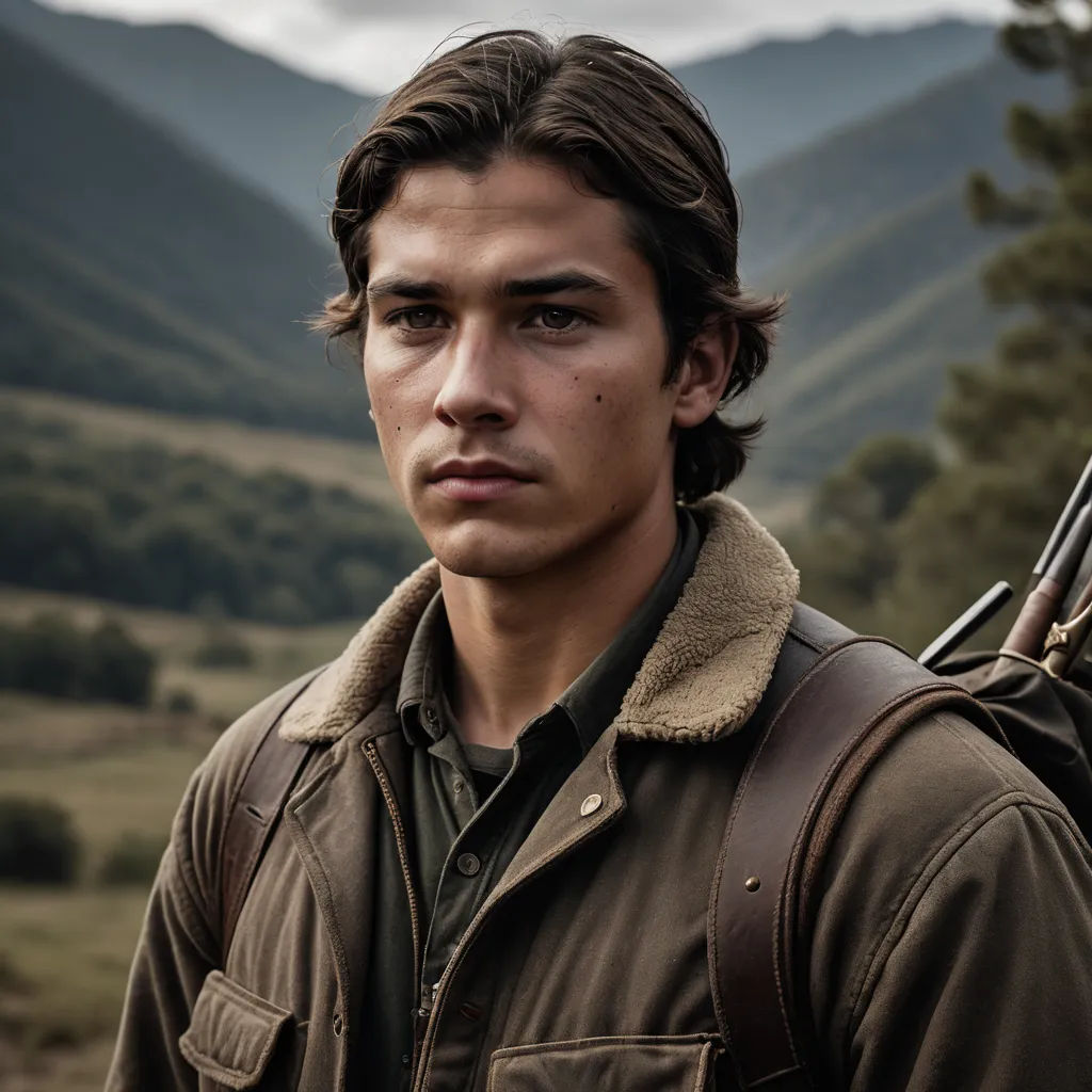 a man with a rifle standing in front of mountains and trees in the background, wearing a brown jacket, primitivism, a character portrait, Fletcher Martin, promotional image