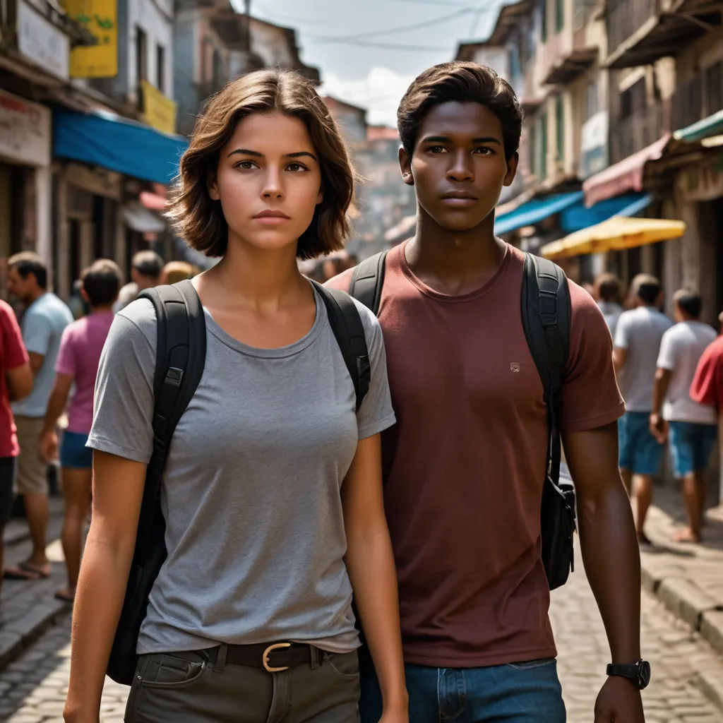 a man and a woman walking down a street together in a city with people walking around them and a man carrying a backpack, neo-figurative, a poster, Daphne Fedarb, promotional image